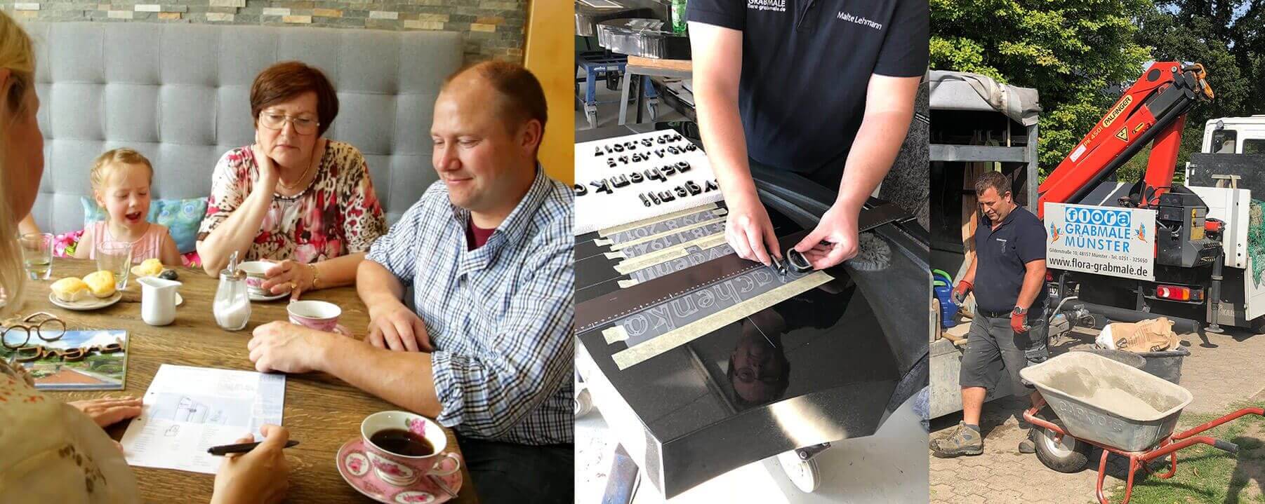 Collage aus der Beratung einer Familie und Arbeiten bei Flora Grabmale GmbH - Münster